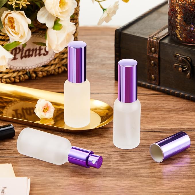 Roshtia 30 Pcs Glass Spray Bottle Clear Empty Bottles Small Refillable Reusable Perfume Bottle with Fine Mist Sprayer Pump for Face Body Travel(1 oz,Purple)