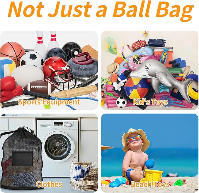 Extra Large Mesh Ball Bag, Heavy Duty Drawstring Storage Bag, 24" x 36" Hold 8-10 Soccer Basketball Volleyball Football, Sports Equipment Sack Net Bags with Shoulder Strap and Pocket for Coaches