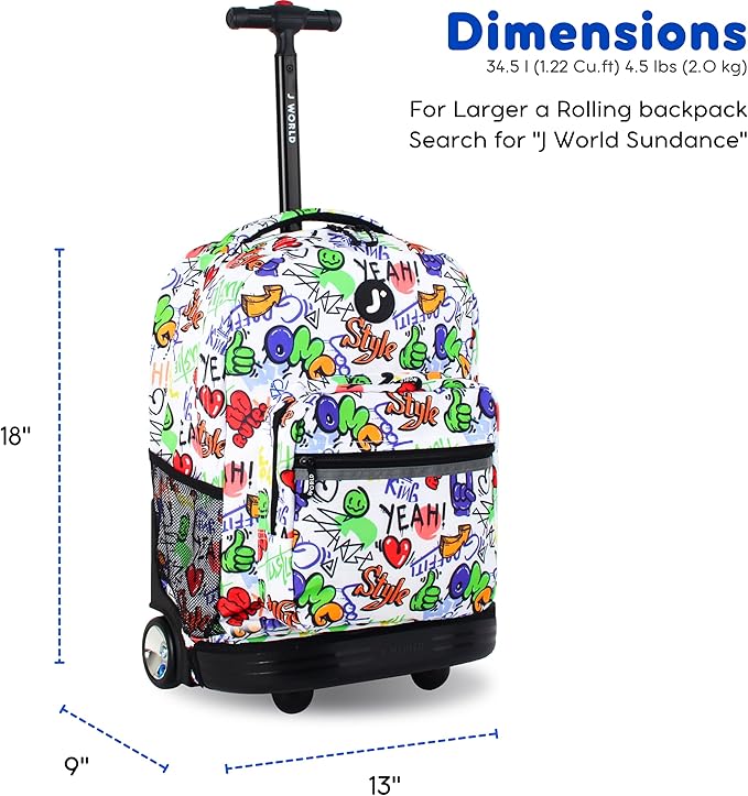 J World Sunrise Kids Rolling Backpack for Girls Boys. Roller Bookbag With Wheels For School, Street Art