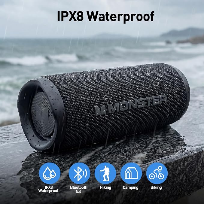 Monster S620 Bluetooth Speaker, Wireless Portable Outdoor Bluetooth Speakers, 60W True Wireless Stereo IPX8 Waterproof, Dual PairingBluetooth 5.4 Built-in Mic, Perfect for Home, Black
