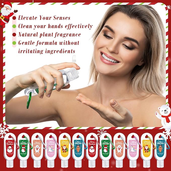 24 Packs Christmas Hand Sanitizers with Keychains Bulk 1 oz Mini Travel Size Hand Sanitizer Keychains Gifts Set Christmas Party Favors Stocking Stuffers for Women Coworkers Friend Family