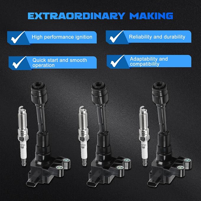 3PCS UF736 Ignition Coils + 3PCS 93593 Iridium Spark Plugs Ignition Coils Pack Fits for 2018-2021 EcoSport, 2014-2017 Fiesta, 2015-2018 Focus 1.0L 1.5L, Coil Pack Set Aftermarket Parts