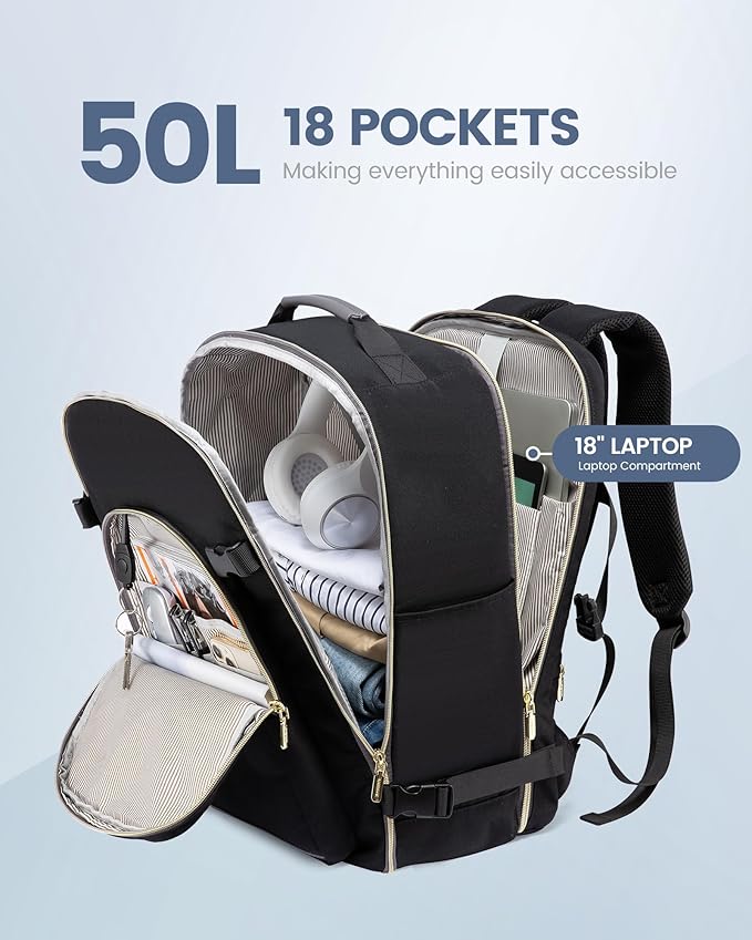 LOVEVOOK 50L Travel Backpack Flight Approved Carry on Backpack,3 Packing Cubes,Waterproof Personal Item Travel Bag,TSA Carry on Luggage Suitcase Travel Essentials,Gifts for Women & Men,fits 18" Laptop