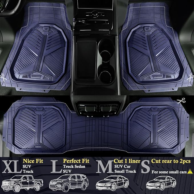 CAR PASS Heavy Duty Rubber Car Mats with Cargo Liner, Deep-Dish Car Floor Mats and Trunk Mat All Weather, Universal Trim-to-Fit for SUVs Trucks Sedans, Waterproof Anti-Slip, Trimmable V12 Blue