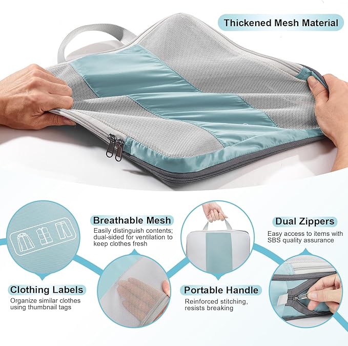 8 Set Compression Packing Cubes for Travel Essentials,Compressible Expandable Packing Cubes for Suitcase,OlarHike Luggage Garment Bags for Travel,Handy Helper for Organizing Clothes(Blue Gray)