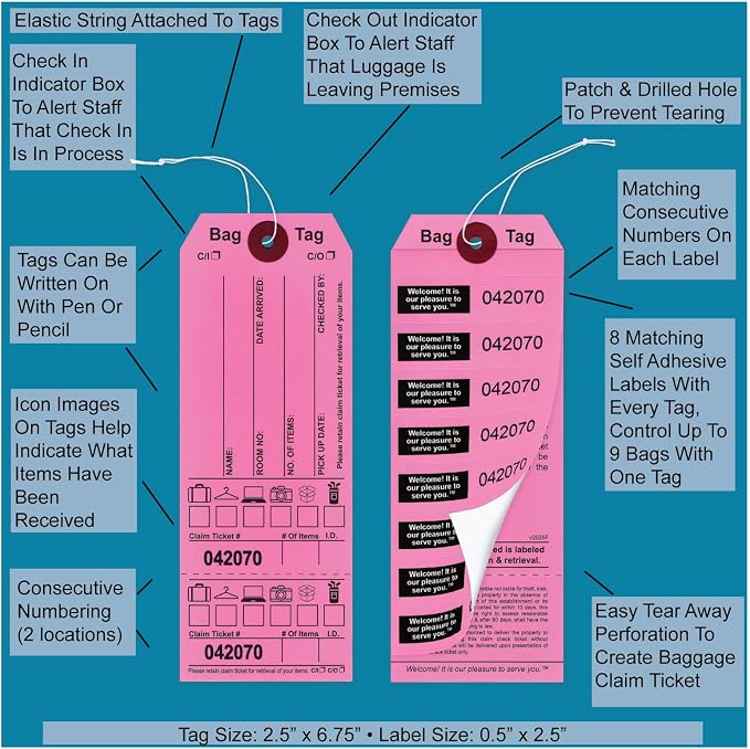 Pink Bag Claim Check Tags with Elastic string, Printed in Black ink with 8 labels & Matching Numbers For multiple bags. Hotel Bag Tags for Organizing Luggage. Size: 6 3/4" (H) x 2 1/2" (W). 1000 Tags.