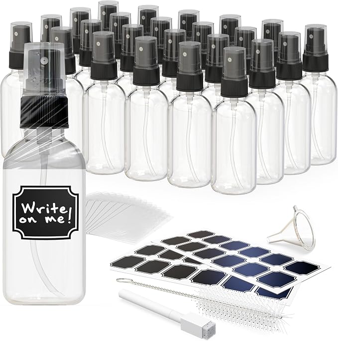 Nevlers Clear Glass Small Spray Bottle 2 Oz 24 Pack Spritzer Bottles | Small Travel Spray Bottle Set w/ Shrink Wrap, Funnel, Brush, Marker & Labels | Face & Body Small Atomizer Fine Mist Sprayer