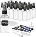 Nevlers Clear Glass Small Spray Bottle 2 Oz 24 Pack Spritzer Bottles | Small Travel Spray Bottle Set w/ Shrink Wrap, Funnel, Brush, Marker & Labels | Face & Body Small Atomizer Fine Mist Sprayer