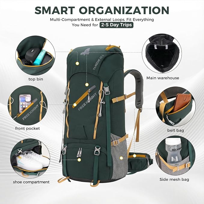 Bseash 65L Waterproof Hiking Camping Backpack with Rain Cover, Outdoor Sport Travel Daypack for Climbing Touring (Dark Green)