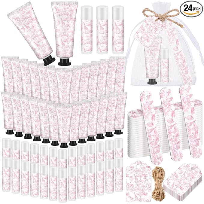 Leelosp 24 Sets Pink Toile De Jouy Baby Shower Favor Gifts Bulk - Vintage French Floral Hand Cream & Lip Balm with Nail File Travel Size Favors for Bridal Baby Shower Birthday Baptism Party Guests