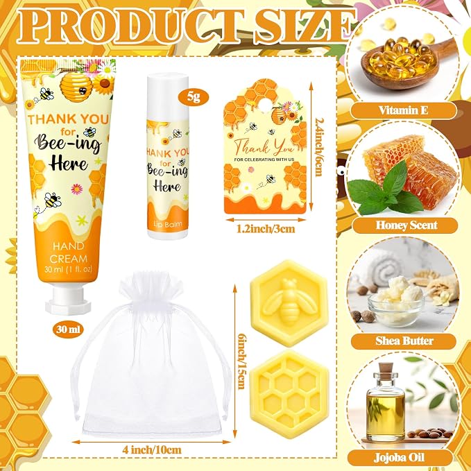 Loopeer 30 Set/150 Pcs Bee Theme Baby Shower Favors for Guests Gifts Hand Cream Lip Balm Soap Party Favors Travel Size with Bags, Thanks You Card for Games Prizes Souvenirs