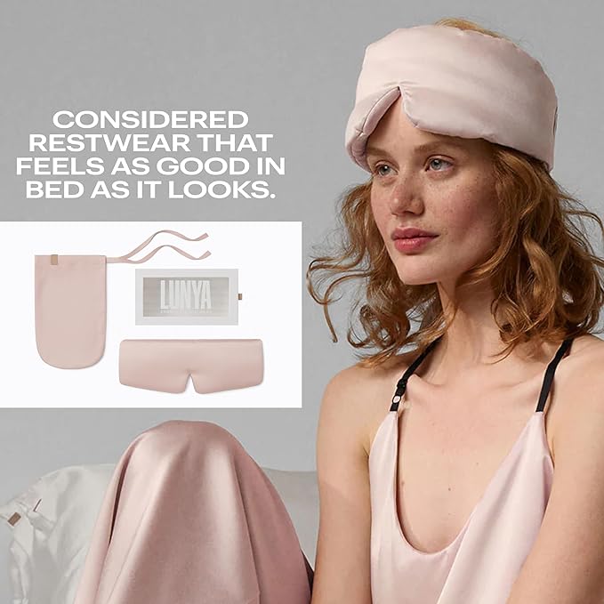 Lunya Sleep Mask with Box - Washable Silk Sleeping Mask and Headband for Beauty Routines - Thermoregulating Comfort - Delicate Pink - Large