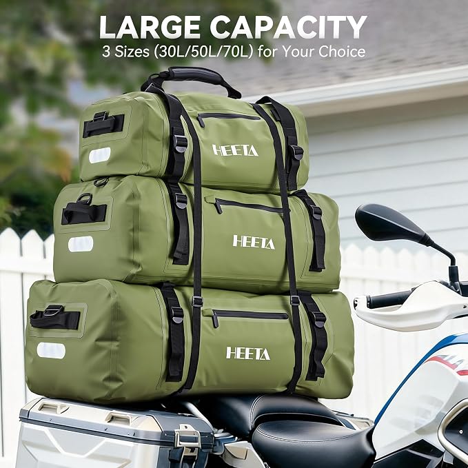 HEETA Waterproof Motorcycle Dry Bag, Waterproof Duffel Luggage Travel Bags with Zippered Closure & Pocket, Shoulder Straps, Large Space for Motorcycling Camping Commuting Boating (Green, 30L)