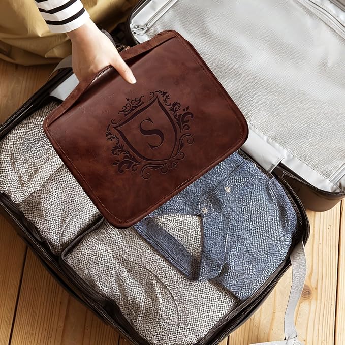 Laser-Engraved Initial 3-in-1 Mens Toiletry Travel Bag,Corporate Gifts for Clients Boss Colleague Employee Appreciation Gifts Birthday Party Favor Waterproof Shaving Bag for Men Reddish Brown S