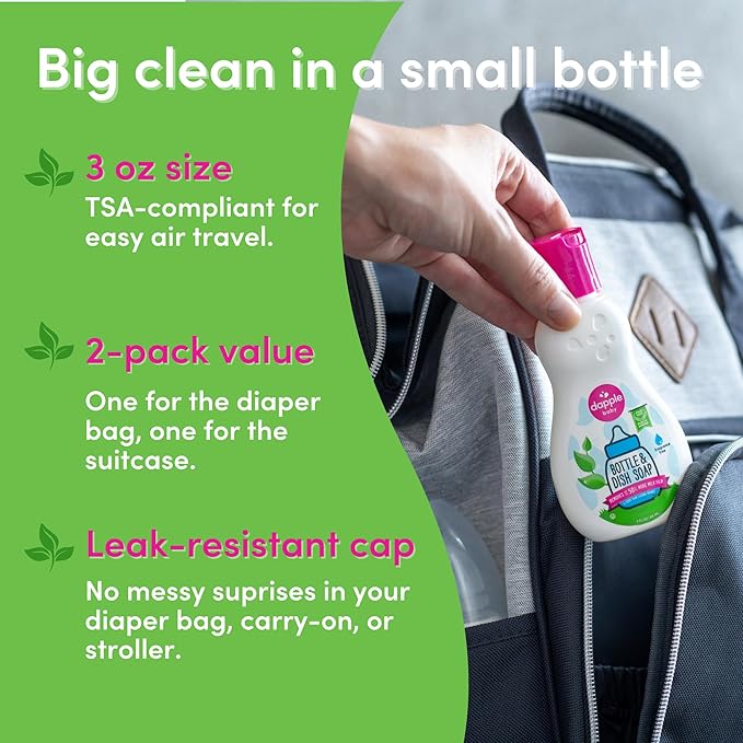 Dapple Baby Fragrance-Free Baby Bottle & Dish Soap - (2 Pack) 3 fl oz - Plant-Powered Cleaner for Bottles, Pump Parts, and Sippy Cups - Travel Size