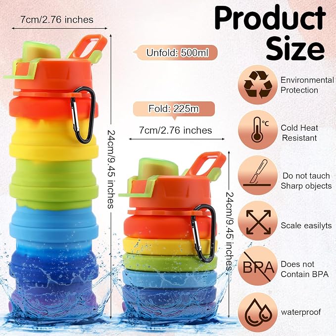 Sunnyray 30 Pack Collapsible Water Bottles Bulk Foldable Water Bottles 17oz Silicone Portable Leak Proof Reusable Sports with Clip for Travel Hiking Camping Outdoor (Colorful)