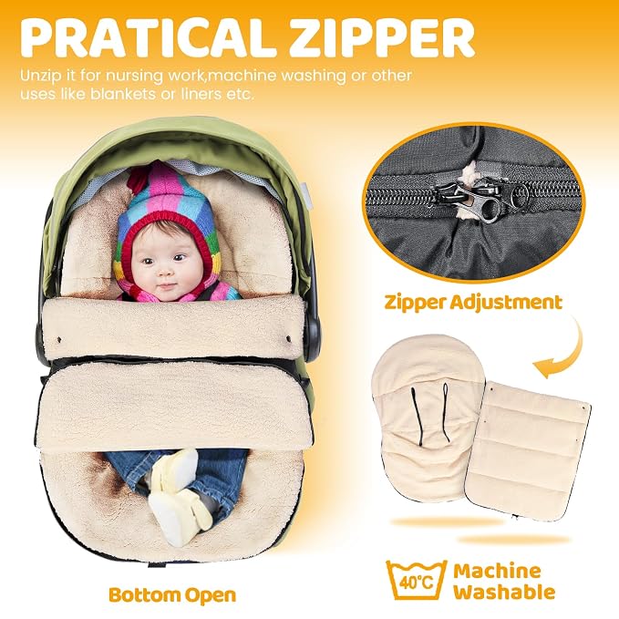 Orzbow Winter Baby Car Seat Cover, Universal Car Seat Bunting Bag for Babies with Adjustable Zipper, Removable Car Seat & Stroller Footmuff to be Blanket, Carseat Cover with Warm Berber Fleece, Black