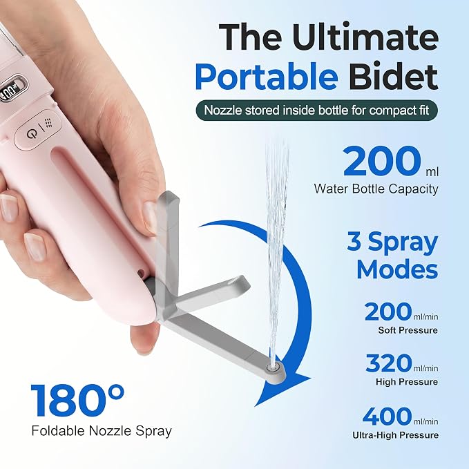 Electric Portable Bidet – Rechargeable Travel Bidet for Women Postpartum Care & Personal Hygiene | with 3 Pressure Modes for Home Travel & Camping (Pink)