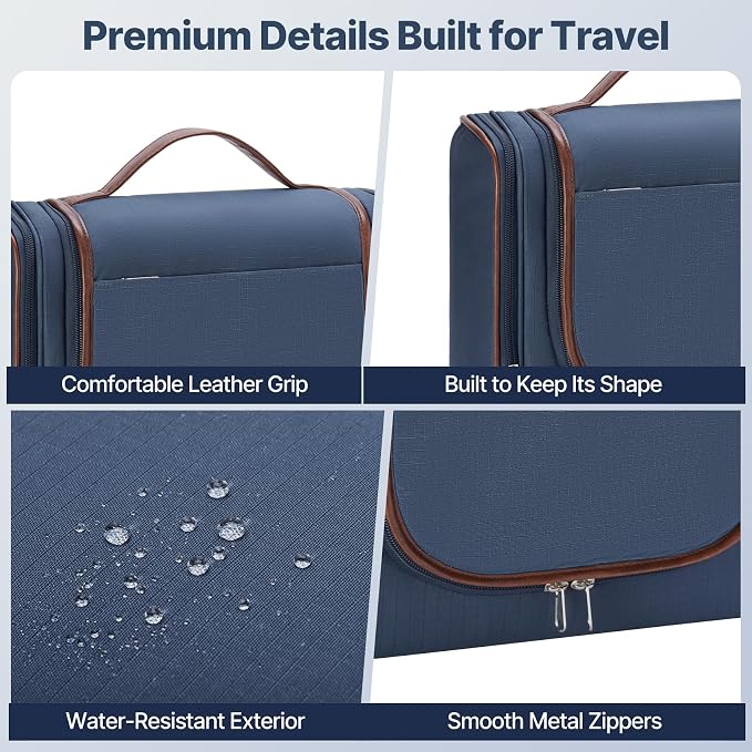 ZAHNI Hanging Toiletry Bag for Men with 360° Hook, Large Toiletry Travel Bag, Bathroom Shower Organizer for Shaving, Grooming & Toiletries_Navy