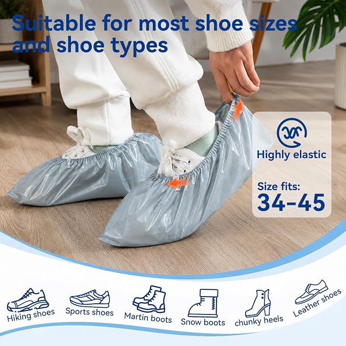 100pcs Shoe Cover Dispenser Refill, Upgraded Thick CPE Automatic Shoe Cover Machine Refills, T-Buckle Disposable Booties for Indoors, Waterproof & Anti-Slip, Gray, Universal Fit