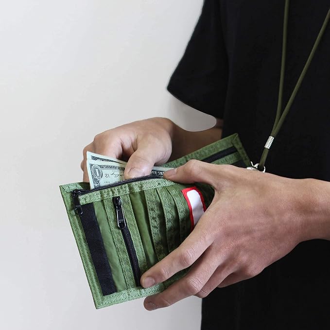 Rough Enough Kids Wallet for Boys Teens with Neck Lanyard Keychain Zipper Coin Pocket Card Holder Army Green Soft Nylon
