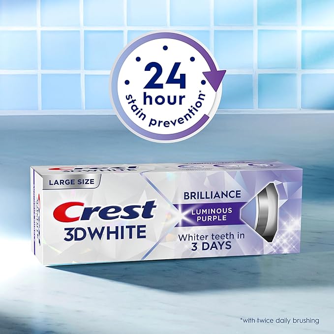 Crest 3D White Brilliance Luminous Purple Teeth Whitening Toothpaste, 4.6 oz Pack of 3, Anticavity Fluoride Toothpaste, Fights 100% More Surface Stains, 24 Hour Active Stain Prevention