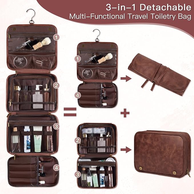 Personalized 3-in-1 Hanging Toiletry Bag Fathers Day Birthday Gifts for Men Dad Husband, Custom Initial Large Waterproof PU Leather Dopp Kit Shaving Bag Travel Essential for Him Reddish Brown J