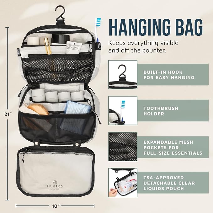 Toiletry Bag Kit 3 Piece Set: Hanging Travel Toiletry Bag + 311 TSA Cosmetic Liquid Bag + Accessory Organizer Pouch