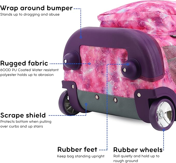 J World Sunrise Kids Rolling Backpack for Girls Boys. Roller Bookbag With Wheels For School, Purple Galaxy