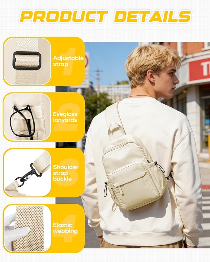 SEAFEW Small Beige Sling Backpack Travel Hiking Daypack, Crossbody Sling Bag with USB Charging Port for Men Women 3 Layer Pockets One Shoulder Bag for Outdoor Sports Casual Commuting