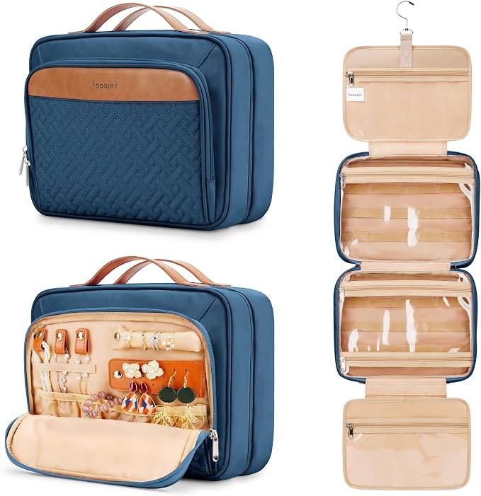 Travel Hanging Toiletry Bag for Women, with Jewelry Organizer Compartment, Medium Waterproof Hanging Makeup Accessories, Cosmetic Essentials, Toiletries Dopp Kit Set with Trolley Belt, Navy Blue