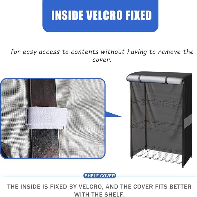 Wire Shelf Cover 36x18x54 600D Waterproof Dustproof Storage Rack Cover | dustproof, black grey splice design, silver inner coating, zipper roll-up door, velcro , reinforced stitching