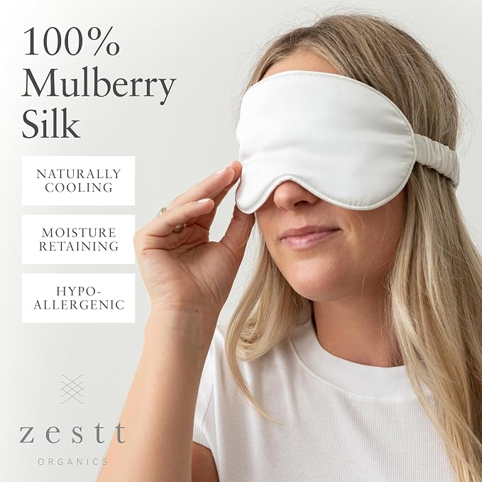 Zestt Organics Silk Sleep Mask Set, 100% Mulberry Silk Eye Mask for Women with Hair Scrunchie & Matching Carry Bag (Ivory)