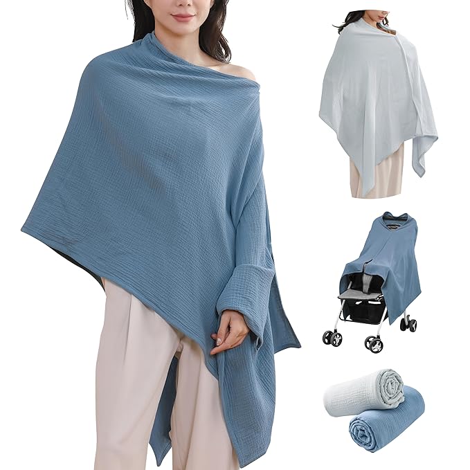 TADO MUSLIN 2-Pack Nursing Covers for Breastfeeding, 100% Organic Cotton Muslin Nursing Cover for Mom, Soft Breathable Breastfeeding Cover, Full Privacy Cover for Nursing, Extra Coverage L Blue Grey