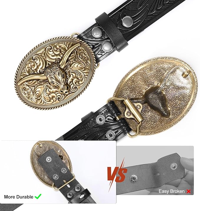 SANSTHS Western Cowboy Belts for Men Women, Mens Western Belt Bull Buckle Country Belt Cowboy Leather Belt for Jeans