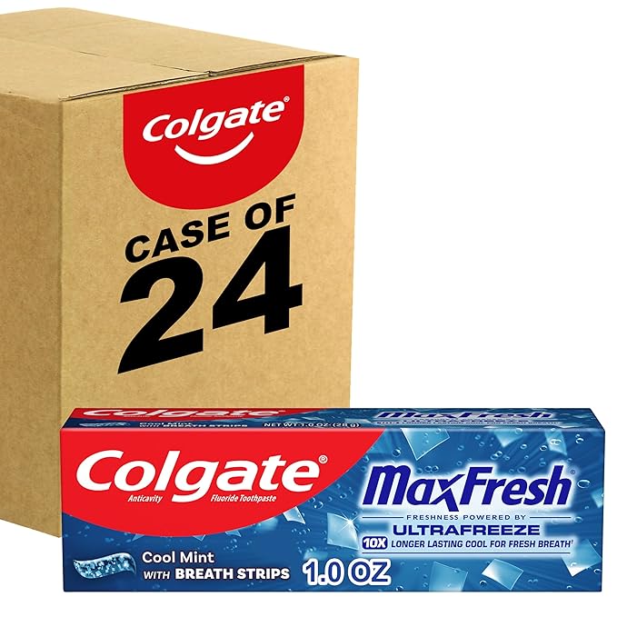 Colgate MaxFresh Cool Mint Toothpaste, Travel Size Toothpaste for Bad Breath with Fluoride and Hundreds of Mini Breath Strips, Leaves Mouth Feeling Refreshed for Hours, Fights Cavities, 1.0 oz