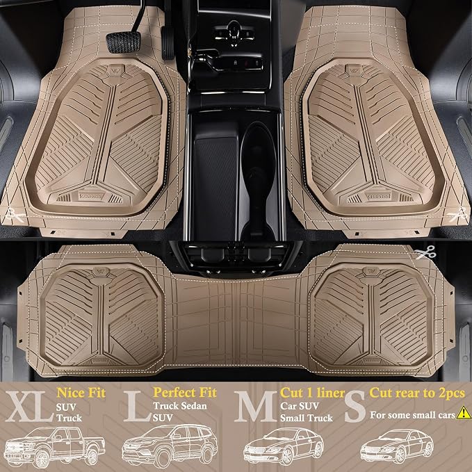 CAR PASS Heavy Duty Rubber Car Mats, Deep Dish Car Floor Mats Full Set, Universal All Weather Automotive Mats 3 Pieces Trim to Fit for Sedans SUVs Trucks, Waterproof Anti-Slip Floor Mats, Full Beige