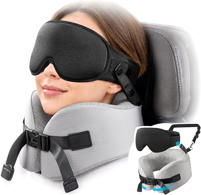 YFONG Travel Pillow for Long Flights, Patented 360° Ergonomic Sleeper Hold Head Support System with Memory Foam Neck Pillow & 3D Sleep Mask, Prevent Head Bobbing for Airplane & Road Trip, Grey