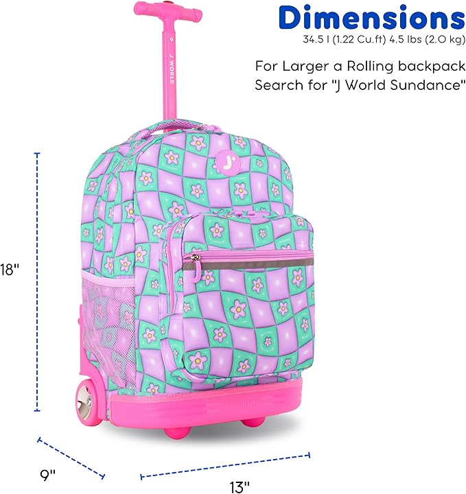 J World Sunrise Kids Rolling Backpack for Girls Boys. Roller Bookbag With Wheels For School, Puffy Flower