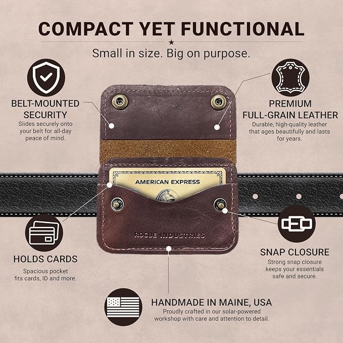 ROGUE WALLET Brown Travel Belt Wallet for Men – Full Grain Leather Cash Holder with Secure Snap Closure, Hidden Card & ID Carrier - Slim Travel Accessory for Everyday Carry