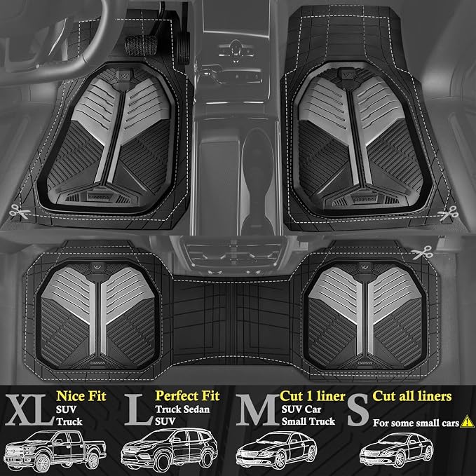CAR PASS Heavy Duty Rubber Car Mats, Deep-Dish Car Floor Mats All Weather, Universal Two-Tone Trim-to-Fit for SUVs Trucks Sedans, Waterproof Anti-Slip, 3 Pieces V12 Black and Metallic Gray