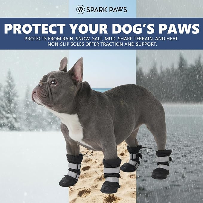 Spark Paws Dog Rainboots, Waterproof Dog Shoes for Medium to Large Dogs, Non Slip, Dog Booties and Paw Protectors - 4PCS Doggie Hiking Boots with Reflective Straps - Black, Size 3