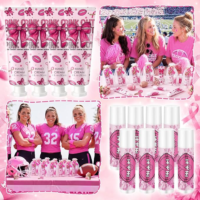 24 Sets Pink out Football Breast Cancer Awareness Favors Breast Cancer Awareness Gift Football Sports Themed Hand Cream Lip Balm Gift for Women Pins Pink Ribbon Travel Size Hand Lotion Lip Balm