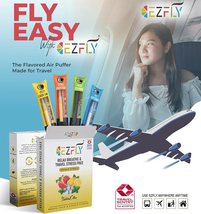 EZFly - Travel Essentials - TSA Accepted Flavored Air Puffer, Travel Accessories for Plane, Cruise, Bus and Train, Best Airplane Gadgets - Electric and Smoke Free (4 Pack)