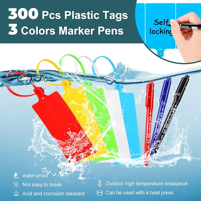 300 Pcs Plastic Tags Seals Shipping Label 255 mm Total Length Waterproof Plastic Hanging Tags and 3 Color Marker Pens for Logistics Shipping Luggage Labeling Fastener (Red, Blue, Green, Yellow, White)