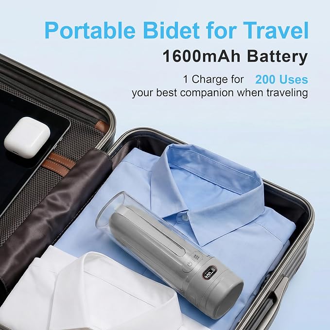 Electric Portable Bidet for Business & Camping, Whisper-Quiet Handheld Sprayer with 3 Pressure Modes, 1600mAh USB-C Rechargeable, IPX7 Waterproof (Gray)