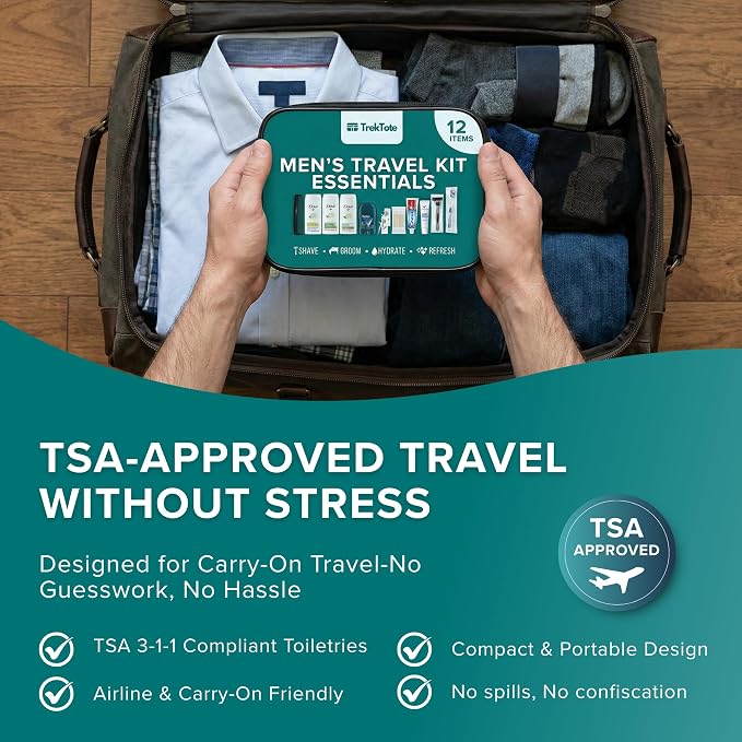 TrekTote 12 Piece Men’s Travel Toiletry Kit TSA Approved Travel Size Toiletries Set Hygiene Kit with Toothbrush Toothpaste Deodorant Razor Shampoo Conditioner