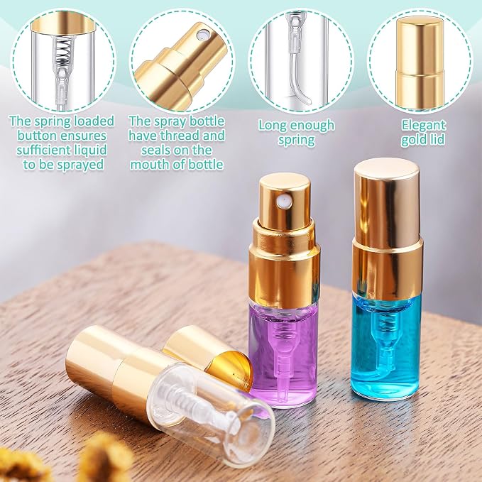 Zhehao 1 Pcs Mini Spray Bottles Clear Glass Perfume Bottles Refillable Fine Mist Perfume Atomizer Portable Empty Sample Containers for Cleaning, Essential Oils, Travel (Gold Cap,2 ml)
