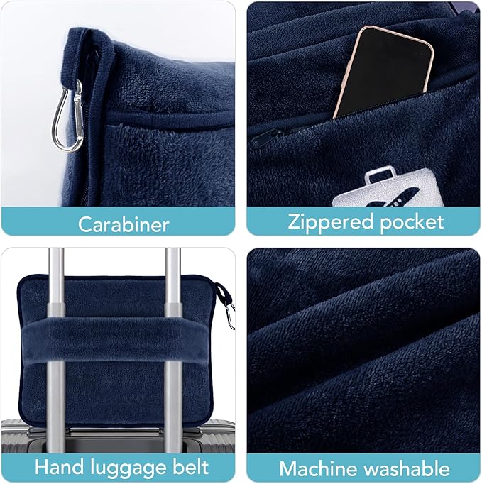 SINLAND Travel Pillow and Blanket 2-in-1 Set,Airplane Packable Bag,Soft and Lightweight Plane Flight Car Trips Travel Essentials Gift,Hand Luggage Sleeve and Backpack Clip,60x51 Inch NavyBlue
