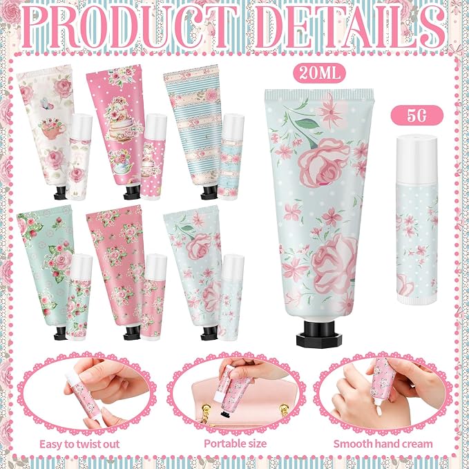 12 Sets Tea Party Favors Mini Hand Cream Lip Balm Bulk Gift Set for Women Wedding Party Favors for Guests Travel Size Hand Lotion Vintage Floral Moisturizing Lip Balm Gifts for Baby Shower